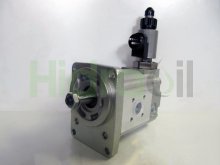 Imagen 0511725028 Bosch Rexroth motor hidráulico de engranajes 22 cc/rev con eje cónico y electroválvula para ventilador